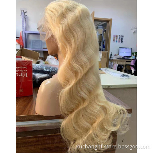 HD lace wigs virgin european remy human hair single knots lace top wigs blonde color 613# body wave